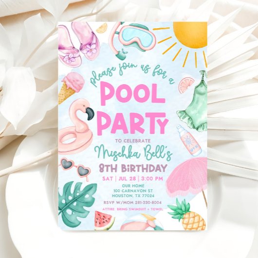 Pool Party Uitnodiging, Zomer Meisje Verjaardagsfe Kaart