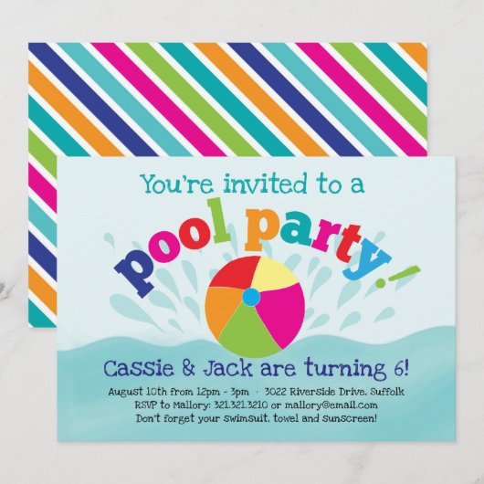Pool Party Uitnodiging - Zomer Splash (Voorkant / Achterkant)