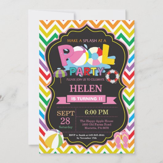 Pool Party Uitnodiging Zomer Splish Splash Meisje (Voorkant)