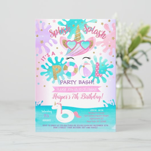 Pool Party Unicorn Birthday Party Invitations Girl Kaart (Staand voorkant)