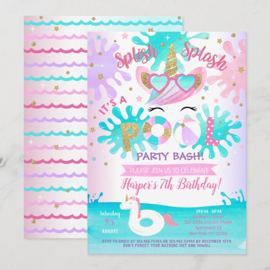 Pool Party Unicorn Birthday Party Invitations Girl Kaart (Voorkant / Achterkant)