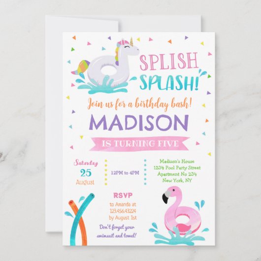 Pool Party Unicorn Summer Girl Birthday Save The Date (Voorkant)
