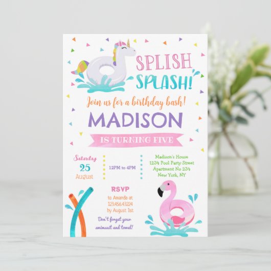 Pool Party Unicorn Summer Girl Birthday Save The Date (Staand voorkant)