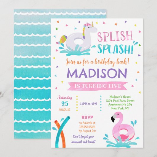 Pool Party Unicorn Summer Girl Birthday Save The Date (Voorkant / Achterkant)