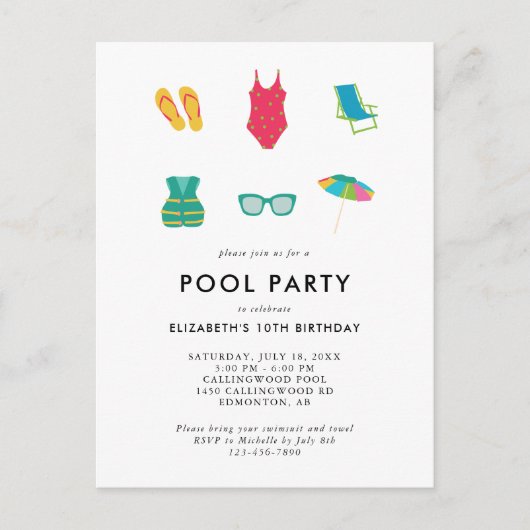 Pool Party Verjaardag Minimaal Eenvoudig Kleurrijk Briefkaart (Voorkant)
