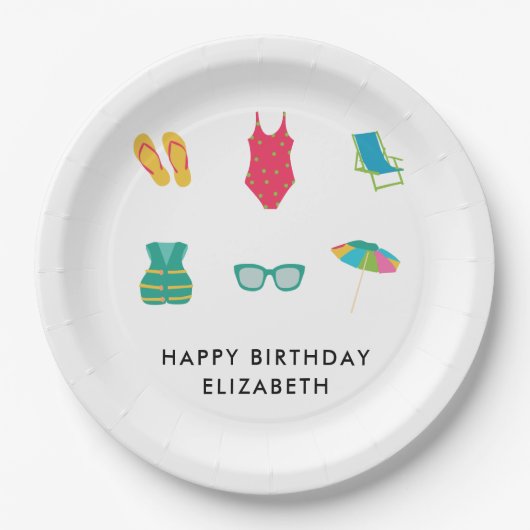 Pool Party Verjaardag Minimal Zomer Kleurrijk Scha Papieren Bordje (Voorkant)