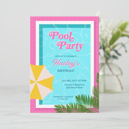 Pool Party Verjaardag Nodig Roze uit Kaart (Staand voorkant)