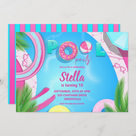 Pool Party Verjaardag | Pool Party Uitnodiging (Voorkant / Achterkant)