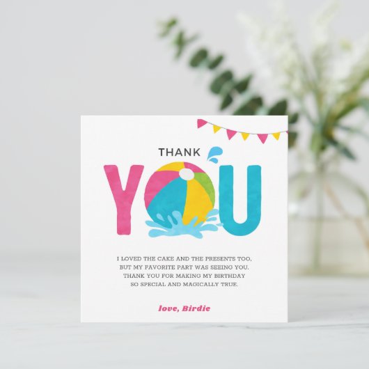 Pool Party Verjaardag Roze Meisje Bedankt kaart (Staand voorkant)