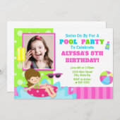 Pool Party Verjaardag Uitnodiging Brunette Meisje (Voorkant / Achterkant)