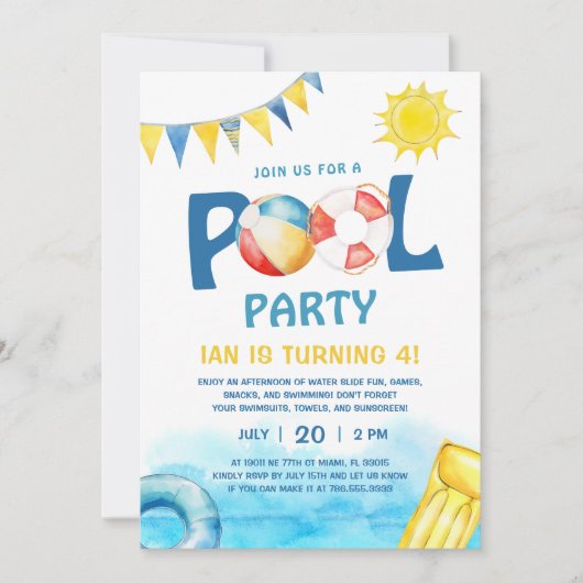 Pool Party Verjaardag Uitnodiging Leuk Splish Spla (Voorkant)