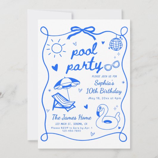 Pool Party Verjaardagsfeest Uitnodiging Sjabloon, (Voorkant)