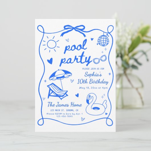 Pool Party Verjaardagsfeest Uitnodiging Sjabloon,  (Staand voorkant)