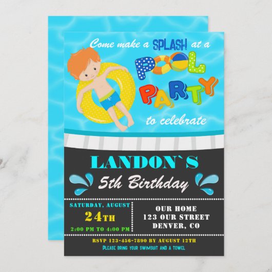 Pool party verjaardagsuitnodiging Jongen zwembad u Kaart (Voorkant / Achterkant)