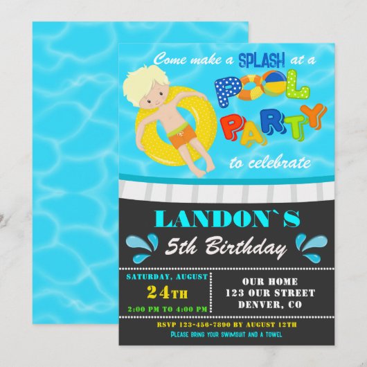 Pool party verjaardagsuitnodiging Jongen zwembad u Kaart (Voorkant / Achterkant)