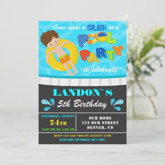 Pool party verjaardagsuitnodiging Jongen zwembad u Kaart (Staand voorkant)