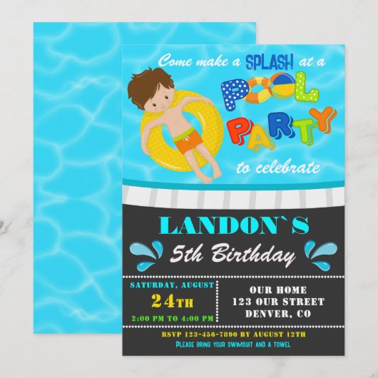 Pool party verjaardagsuitnodiging Jongen zwembad u Kaart (Voorkant / Achterkant)
