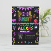 Pool Party verjaardagsuitnodiging, Neon Party Kaart (Staand voorkant)