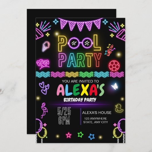 Pool Party verjaardagsuitnodiging, Neon Party Kaart (Voorkant / Achterkant)