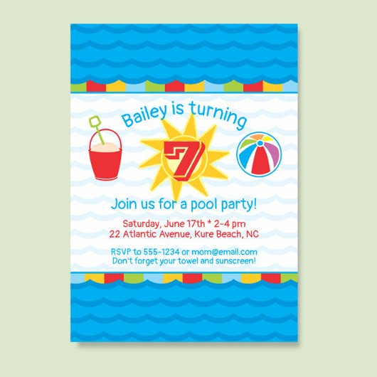 Pool Party verjaardagsuitnodiging Primaire kleuren Kaart