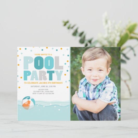 Pool party verjaardagsuitnodiging Splish Splash Bo Kaart (Staand voorkant)