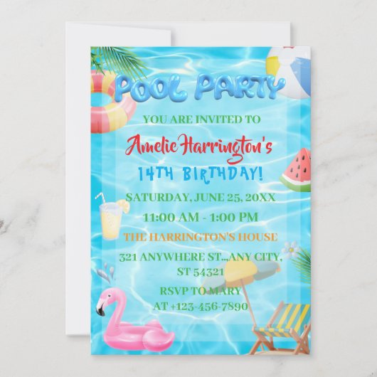 Pool Party Verjaardagsuitnodiging, Zomerfeest Kaart (Voorkant)
