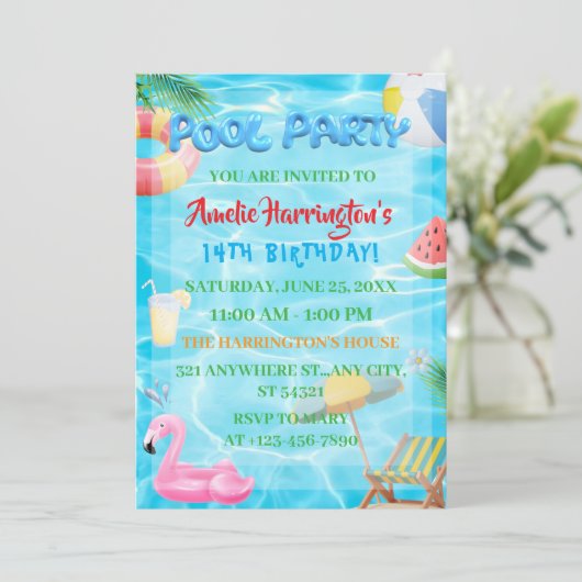 Pool Party Verjaardagsuitnodiging, Zomerfeest Kaart (Staand voorkant)