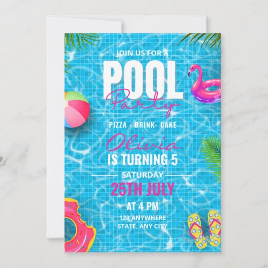 Pool Party Verjaardagsuitnodiging, Zomerfeest Kaart (Voorkant)