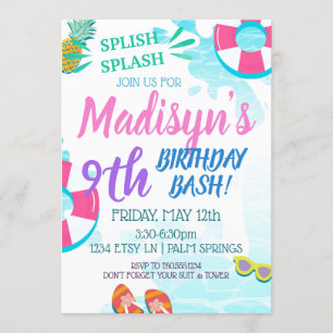 Pool Party Waterverf Splish Splash Birthday RSVP Kaart