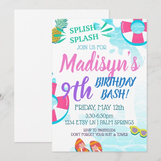 Pool Party Waterverf Splish Splash Verjaardag RSVP Kaart (Voorkant / Achterkant)