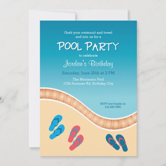 Pool Party with Teenslippers Birthday Invitation Kaart (Voorkant)
