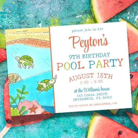 Pool Party Zee Schildpad Zomerverjaardag Kaart
