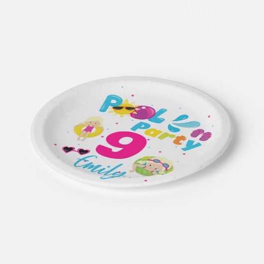Pool Party Zomer Verjaardag Meisje Zwemmen Matchin Papieren Bordje (Gekanteld)