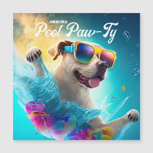 Pool Paw-Ty-uitnodiging, Aangepaste Pool Puppy Par Magnetische Uitnodiging (Voorkant)