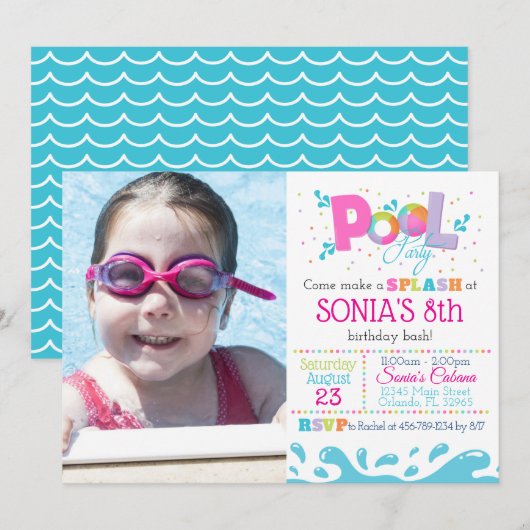 Pool Pool Party Invitation - Girls Pool Party Kaart (Voorkant / Achterkant)