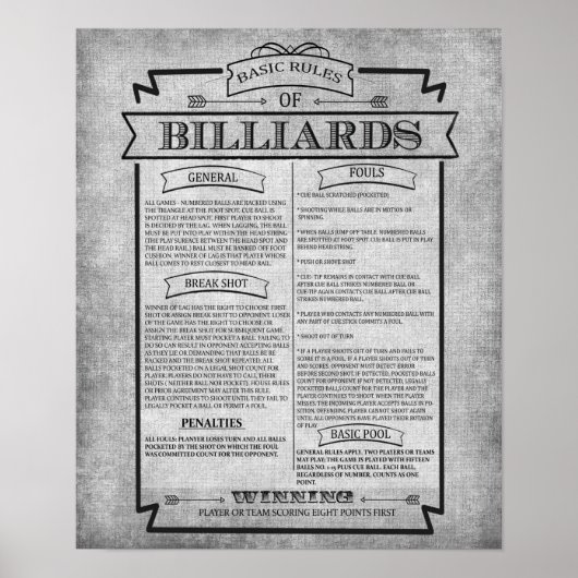 Pool Room Print 8 Billiards Game Rules Poste (Voorkant)