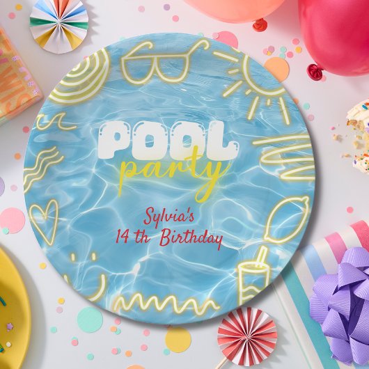 Pool summer neon vibes birthday party papieren bordje