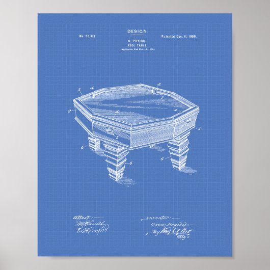 Pool Table 1900 Patent Art Blueprint Poster (Voorkant)