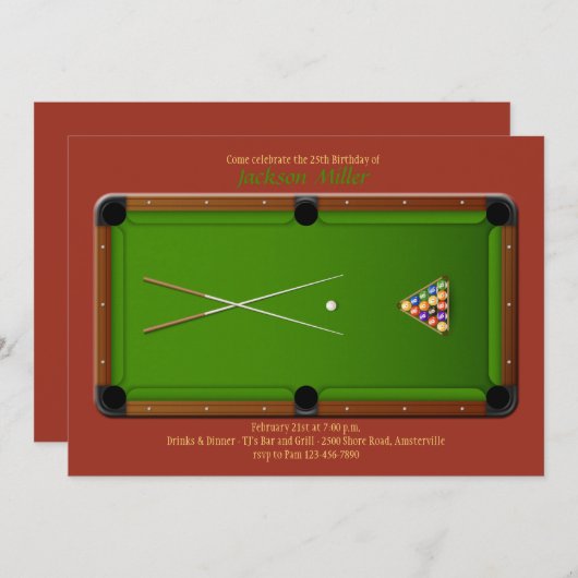 Pool Table Invitation Kaart (Voorkant / Achterkant)