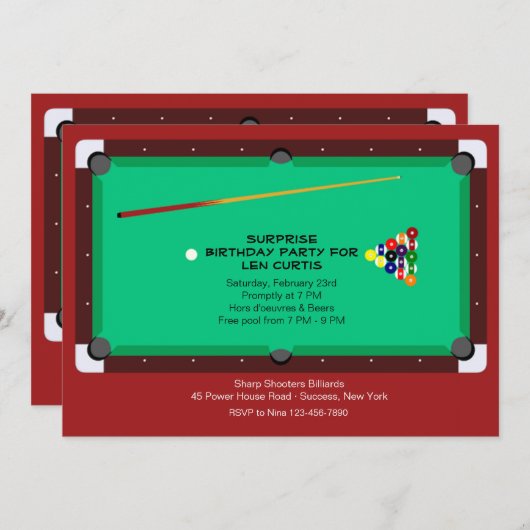 Pool Table Invitation Kaart (Voorkant / Achterkant)