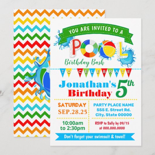 Pool verjaardagsfeest zomerbaard kaart (Voorkant / Achterkant)