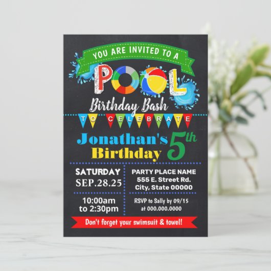 Pool verjaardagsfeest zomerbaskbord kaart (Staand voorkant)