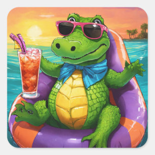 Pool verjaardagsfeestje met leuke aligators vierkante sticker