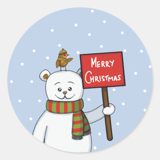Poolbeer en roodborstje kerstgroet ronde sticker (Voorkant)
