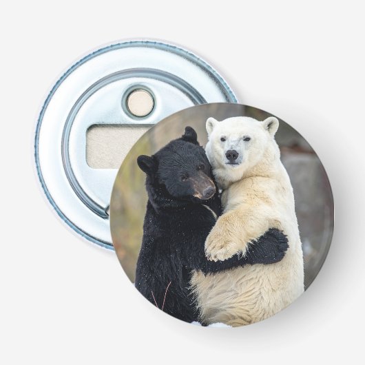 Poolbeer en zwarte beer knuffelen button flesopener (Voorkant)