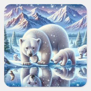 Poolbeerfamilie Besneeuwd Landschap Schilderij Vierkante Sticker