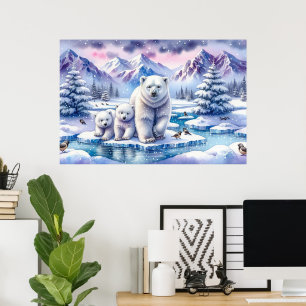 Poolbeerfamilie Besneeuwde Scène Schilderij Poster