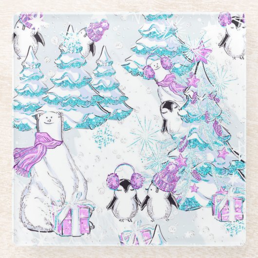 POOLBOMEN & PINGUÏNS MET BEREN & CADEAUS GLAZEN ONDERZETTER (Voorkant)