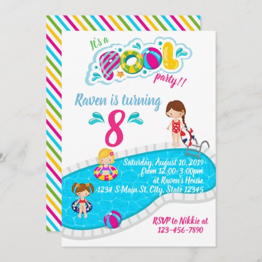 Poolfeest verjaardag kaart (Voorkant / Achterkant)