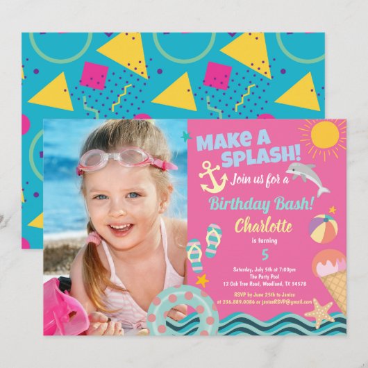 Poolfeest verjaardagsfoto uitnodiging voor meisje (Voorkant / Achterkant)